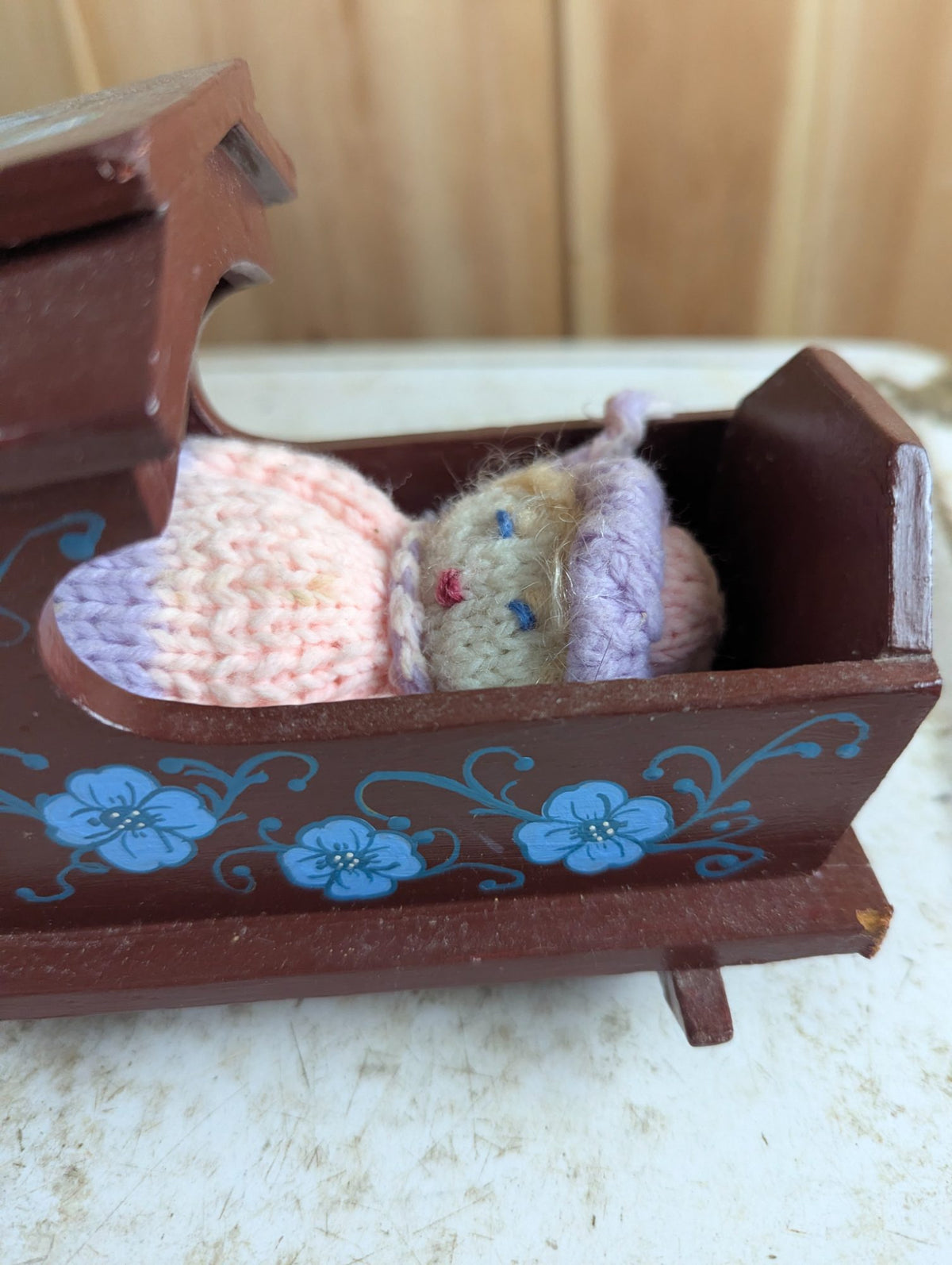 Vintage Hand Painted Miniature Wooden Hooded Rocking Cradle with Knitted Baby Doll