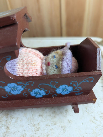 Vintage Hand Painted Miniature Wooden Hooded Rocking Cradle with Knitted Baby Doll