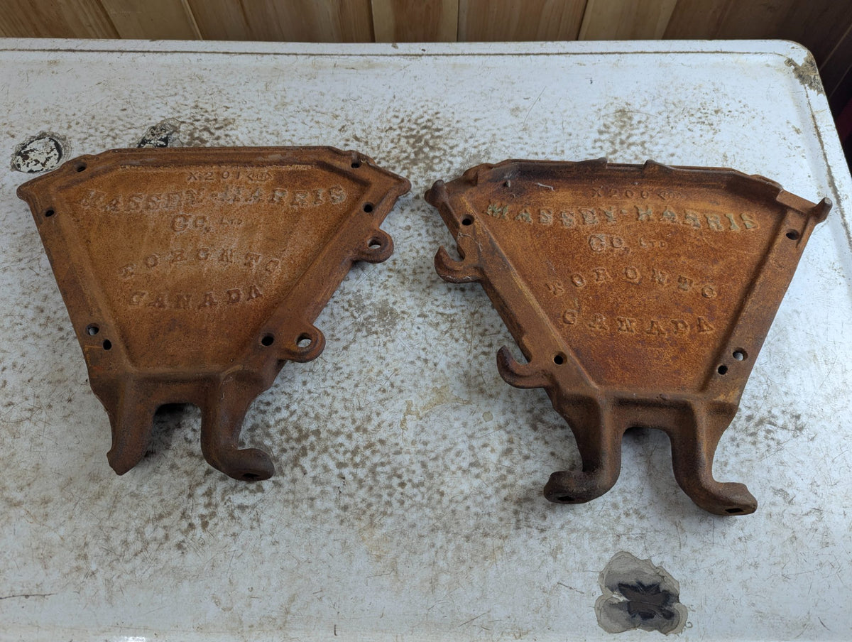 Pair of Antique Massey-Harris Cast Iron Grain Drill Ends - Damaged Foot