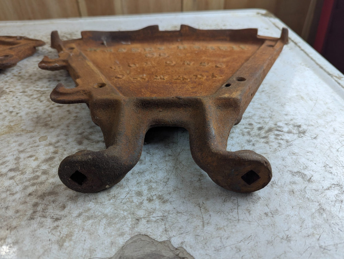 Pair of Antique Massey-Harris Cast Iron Grain Drill Ends - Damaged Foot