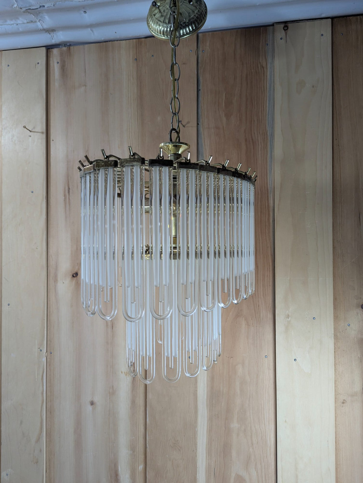 Vintage Brass Hanging Glass Rod 3-light Chandelier