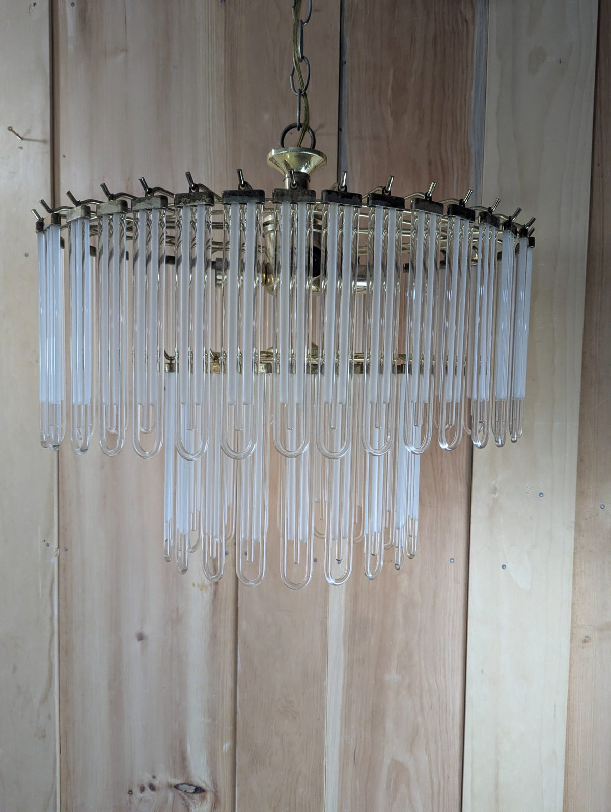Vintage Brass Hanging Glass Rod 3-light Chandelier