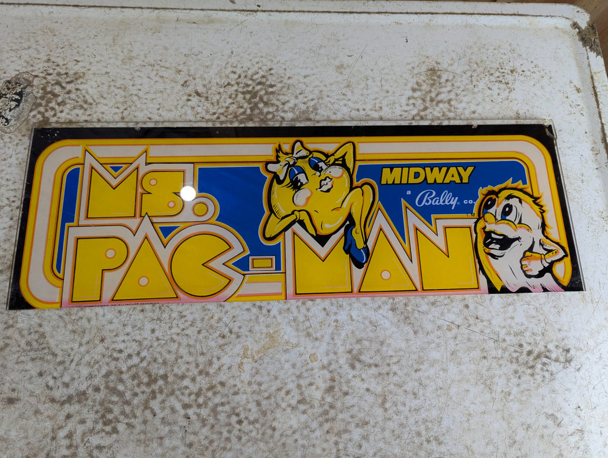 Original 1981 Midway Bally Ms. Pac-Man Arcade Marquee Sign 23" x 9"