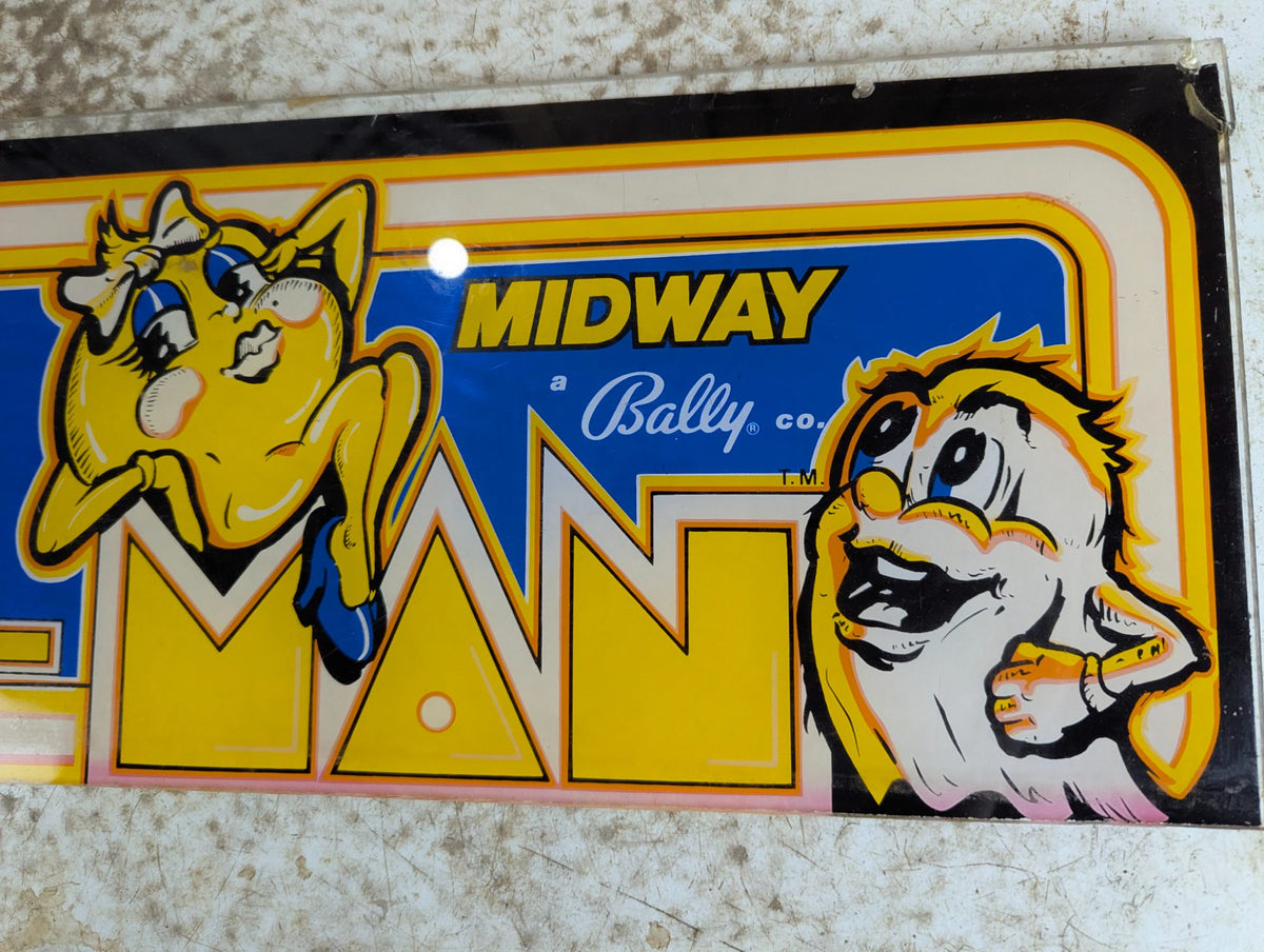 Original 1981 Midway Bally Ms. Pac-Man Arcade Marquee Sign 23" x 9"