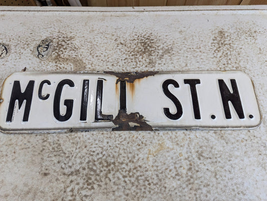 Vintage Embossed Porcelain Street Sign McGill St. N. 24" x 6"
