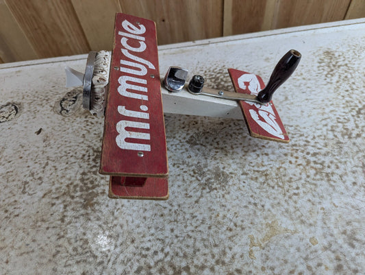 Vintage Handmade Scrap Art Wooden Biplane Toy 'Mr. Muscle' 11" long