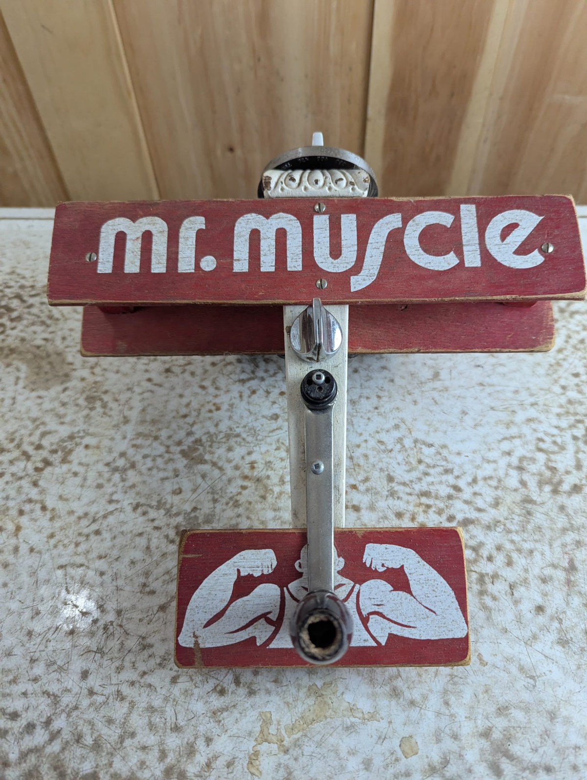 Vintage Handmade Scrap Art Wooden Biplane Toy 'Mr. Muscle' 11" long