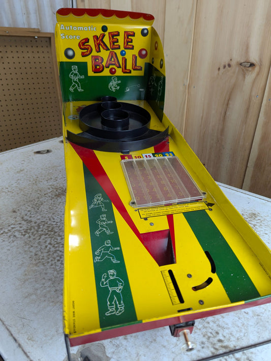 1950s Marx Toys Automatic Score Skee Ball Steel Litho Game 29" x 11" - Working with 4 Wooden Balls