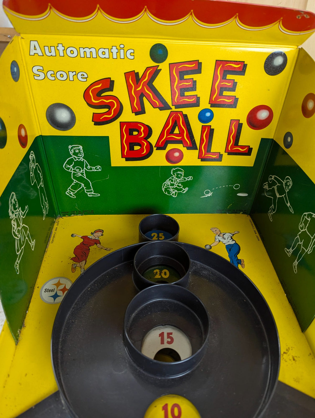 1950s Marx Toys Automatic Score Skee Ball Steel Litho Game 29" x 11" - Working with 4 Wooden Balls