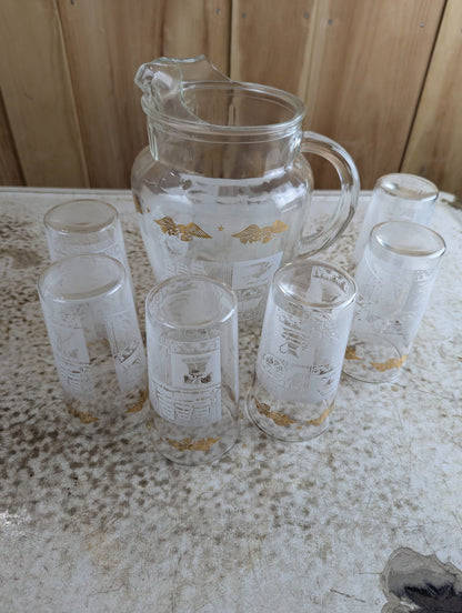 1960s Anchor Hocking Colonial Days Glass Pitcher with 6 Glasses Set