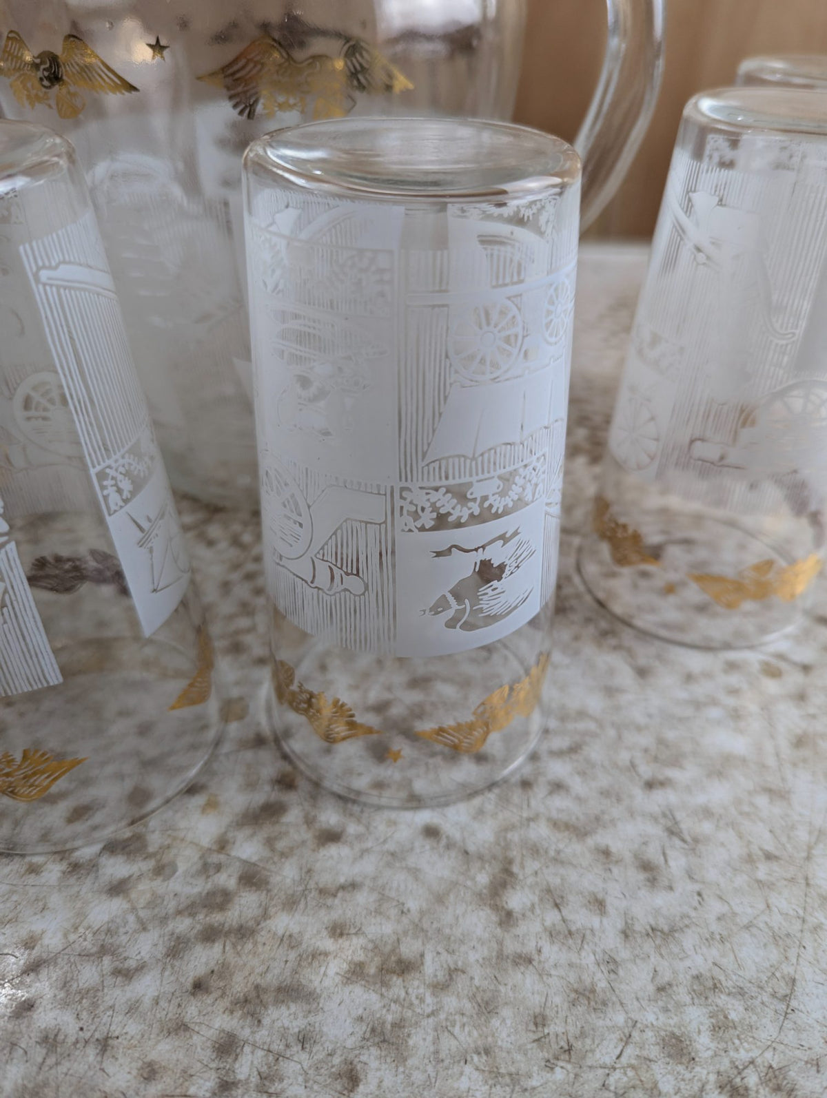 1960s Anchor Hocking Colonial Days Glass Pitcher with 6 Glasses Set