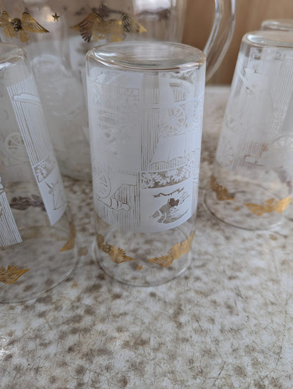 1960s Anchor Hocking Colonial Days Glass Pitcher with 6 Glasses Set