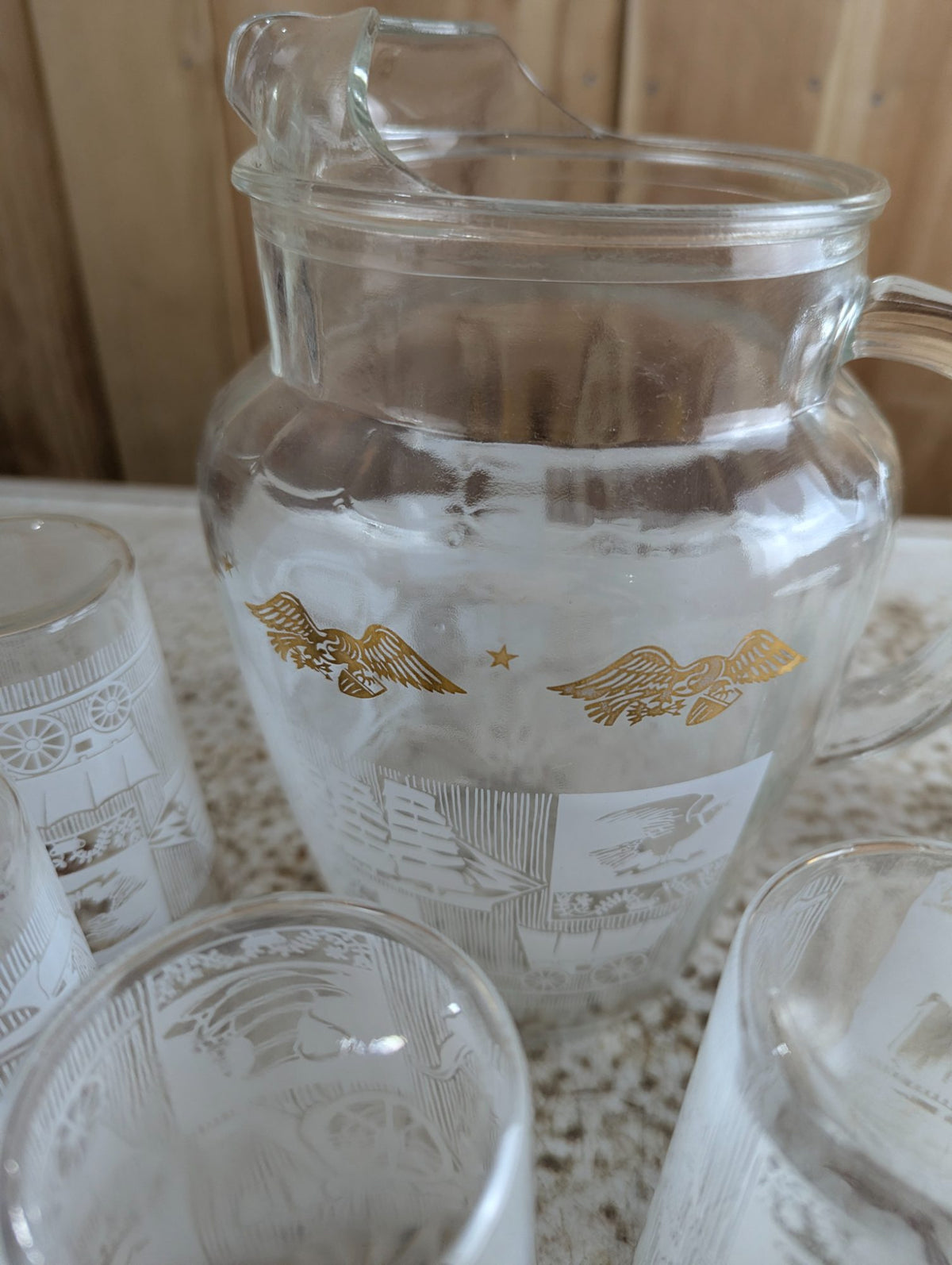 1960s Anchor Hocking Colonial Days Glass Pitcher with 6 Glasses Set