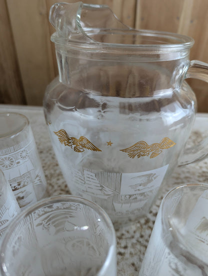 1960s Anchor Hocking Colonial Days Glass Pitcher with 6 Glasses Set