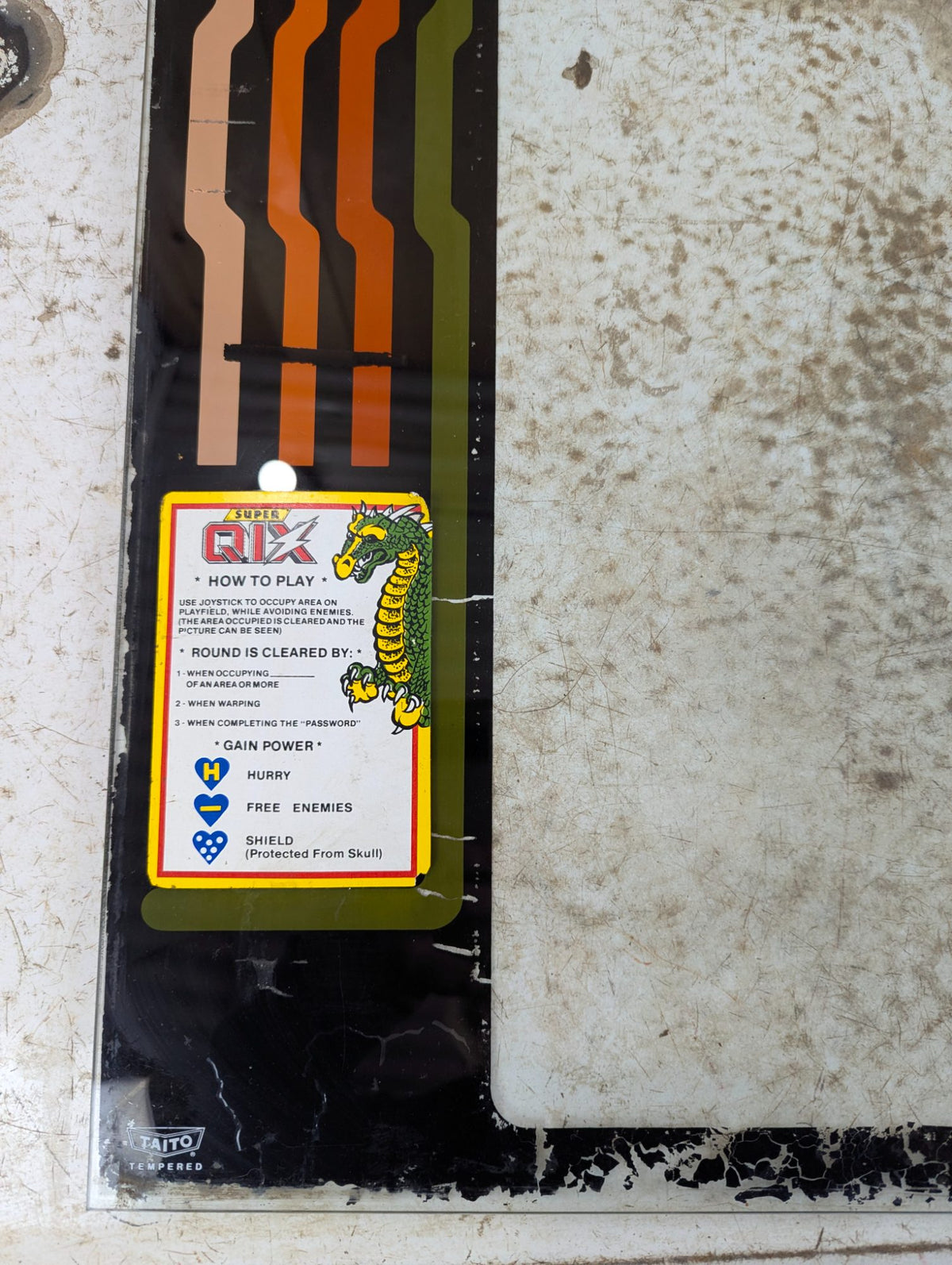 Original 1981 Qix Arcade Glass Monitor Bezel with Super Qix Instructions Sticker 22.5" x 21.75"