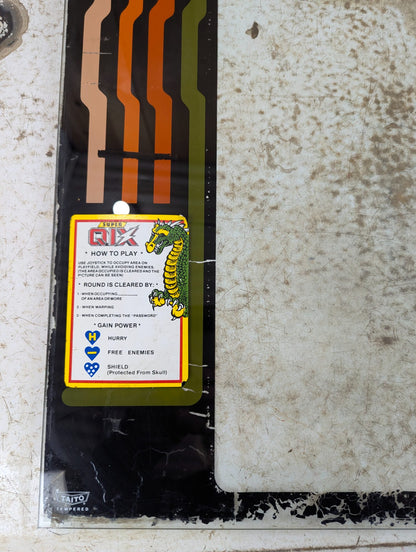 Original 1981 Qix Arcade Glass Monitor Bezel with Super Qix Instructions Sticker 22.5" x 21.75"