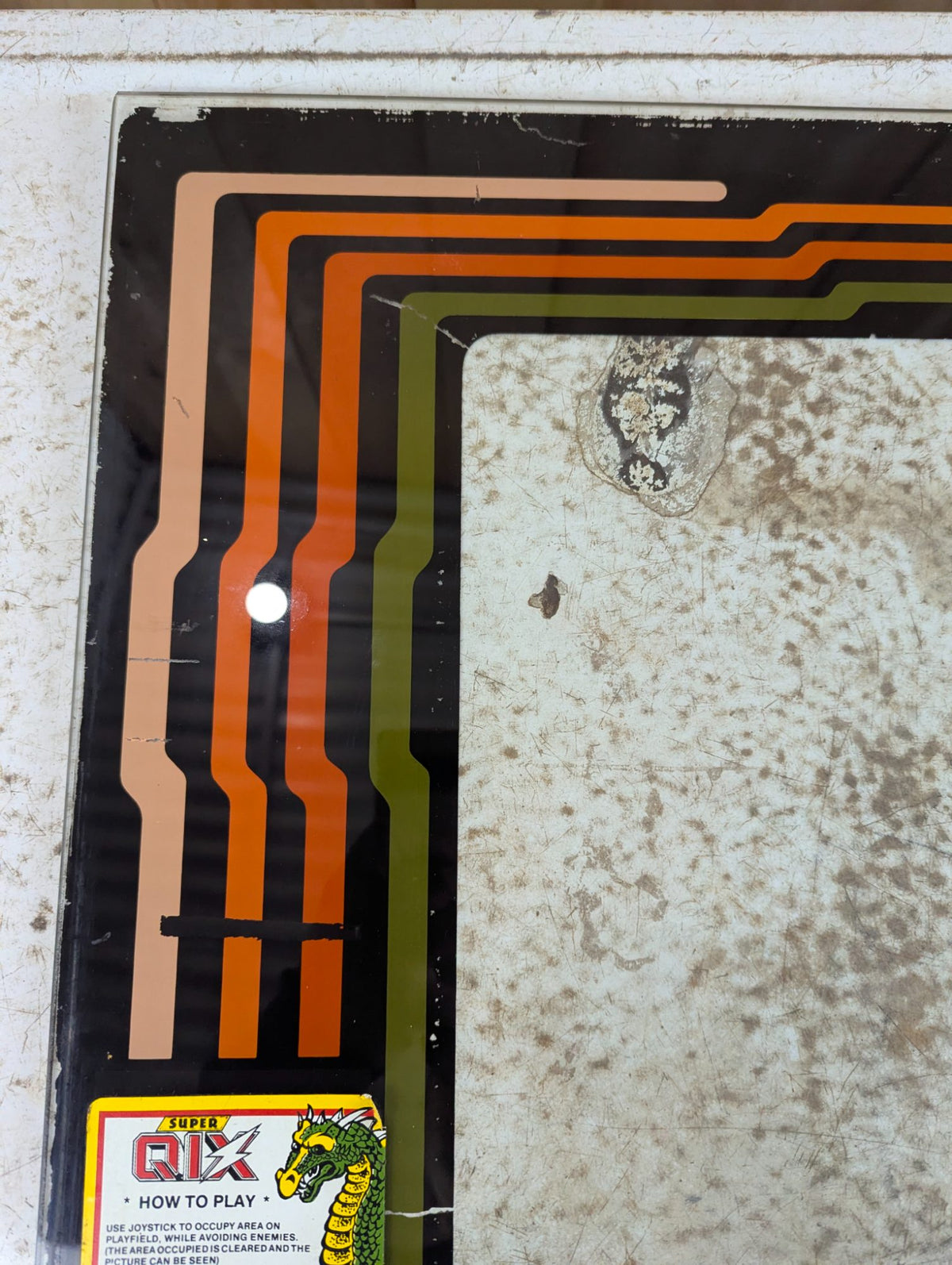 Original 1981 Qix Arcade Glass Monitor Bezel with Super Qix Instructions Sticker 22.5" x 21.75"