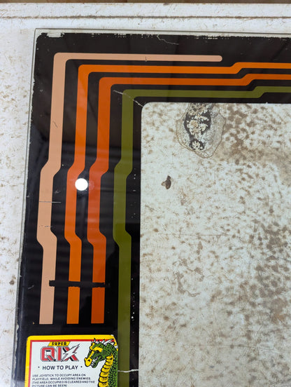 Original 1981 Qix Arcade Glass Monitor Bezel with Super Qix Instructions Sticker 22.5" x 21.75"
