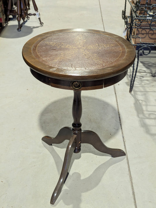 Vintage Round Top Pedestal Accent Table with Drawer and Leather Inlay 18" x 18.5" H