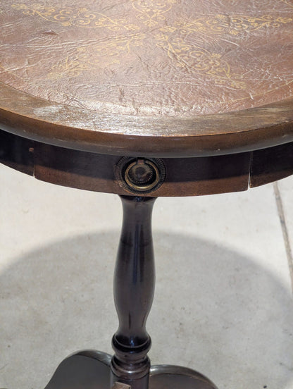 Vintage Round Top Pedestal Accent Table with Drawer and Leather Inlay 18" x 18.5" H