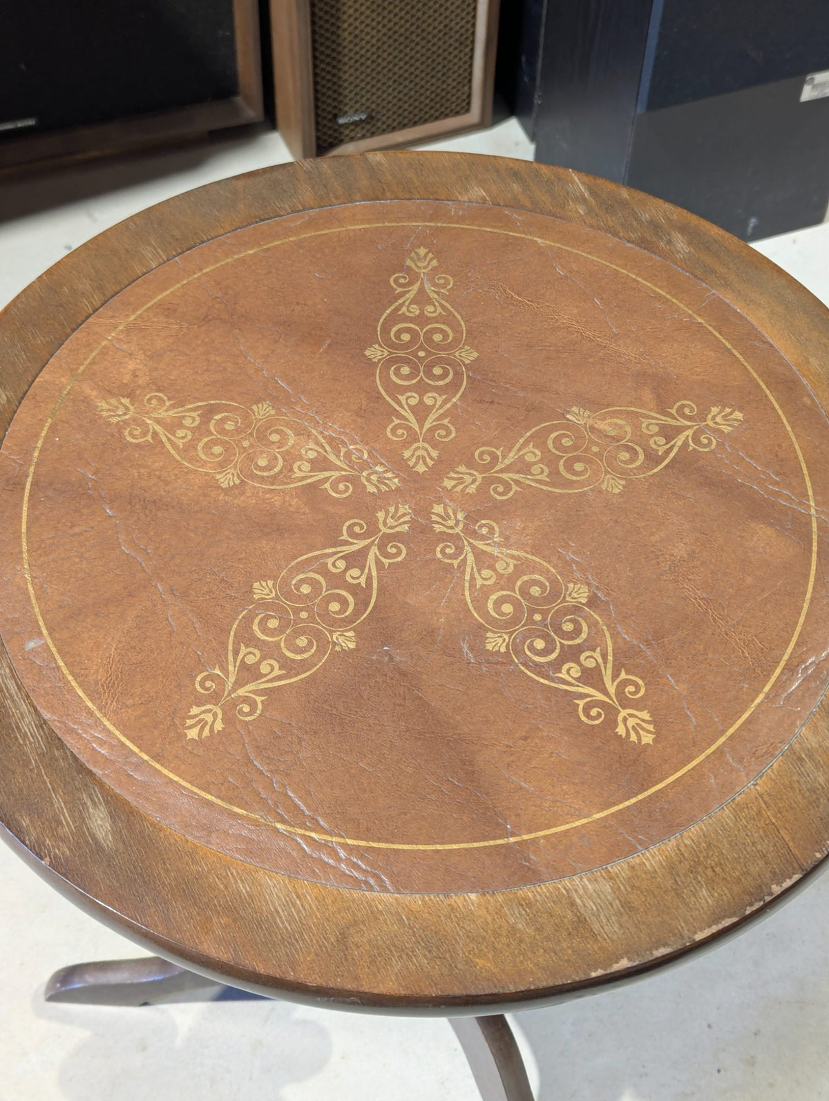 Vintage Round Top Pedestal Accent Table with Drawer and Leather Inlay 18" x 18.5" H