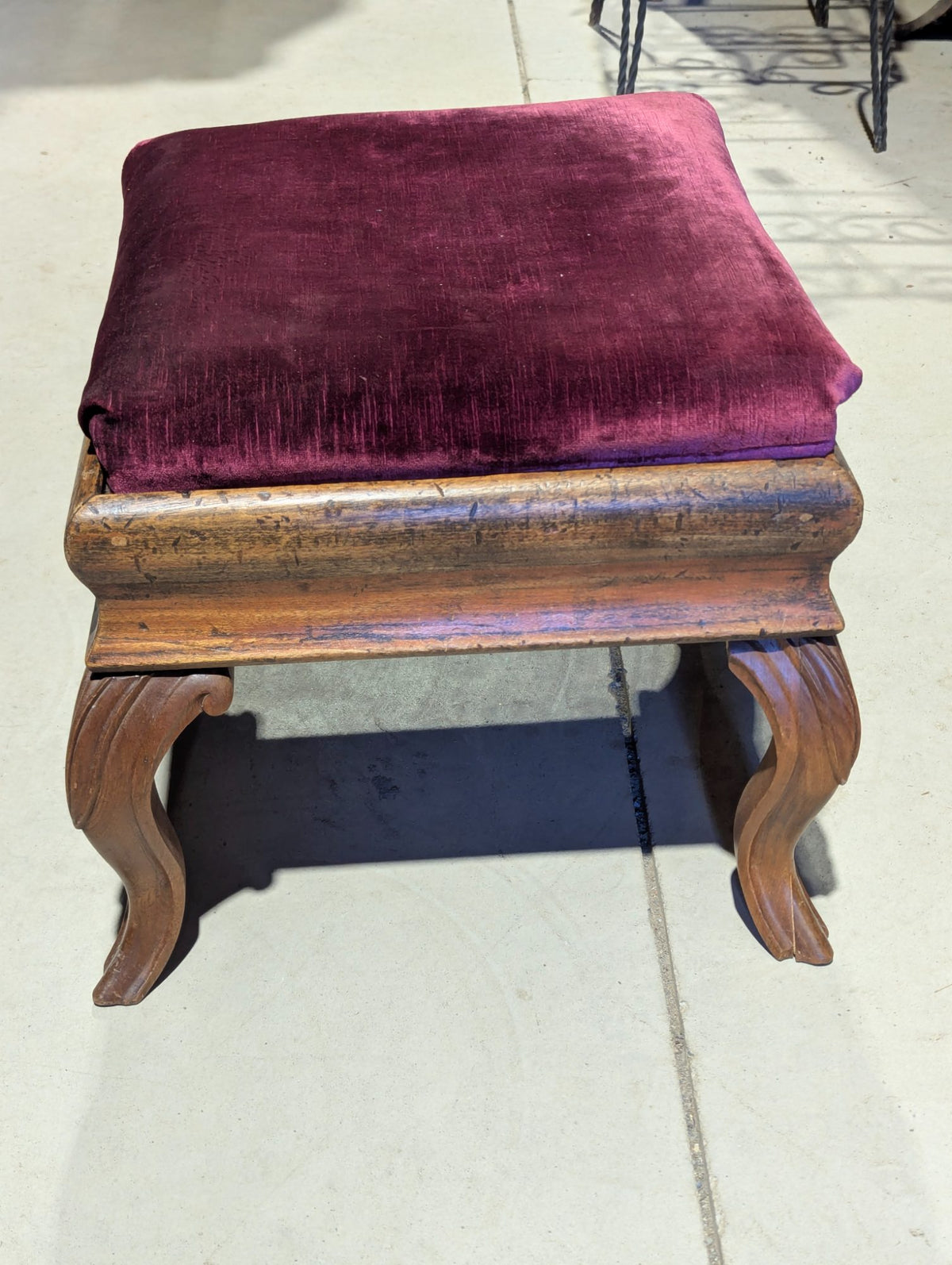 Antique Wood Ottoman Footstool Velvet Cushion 18" x 16" x 17" H