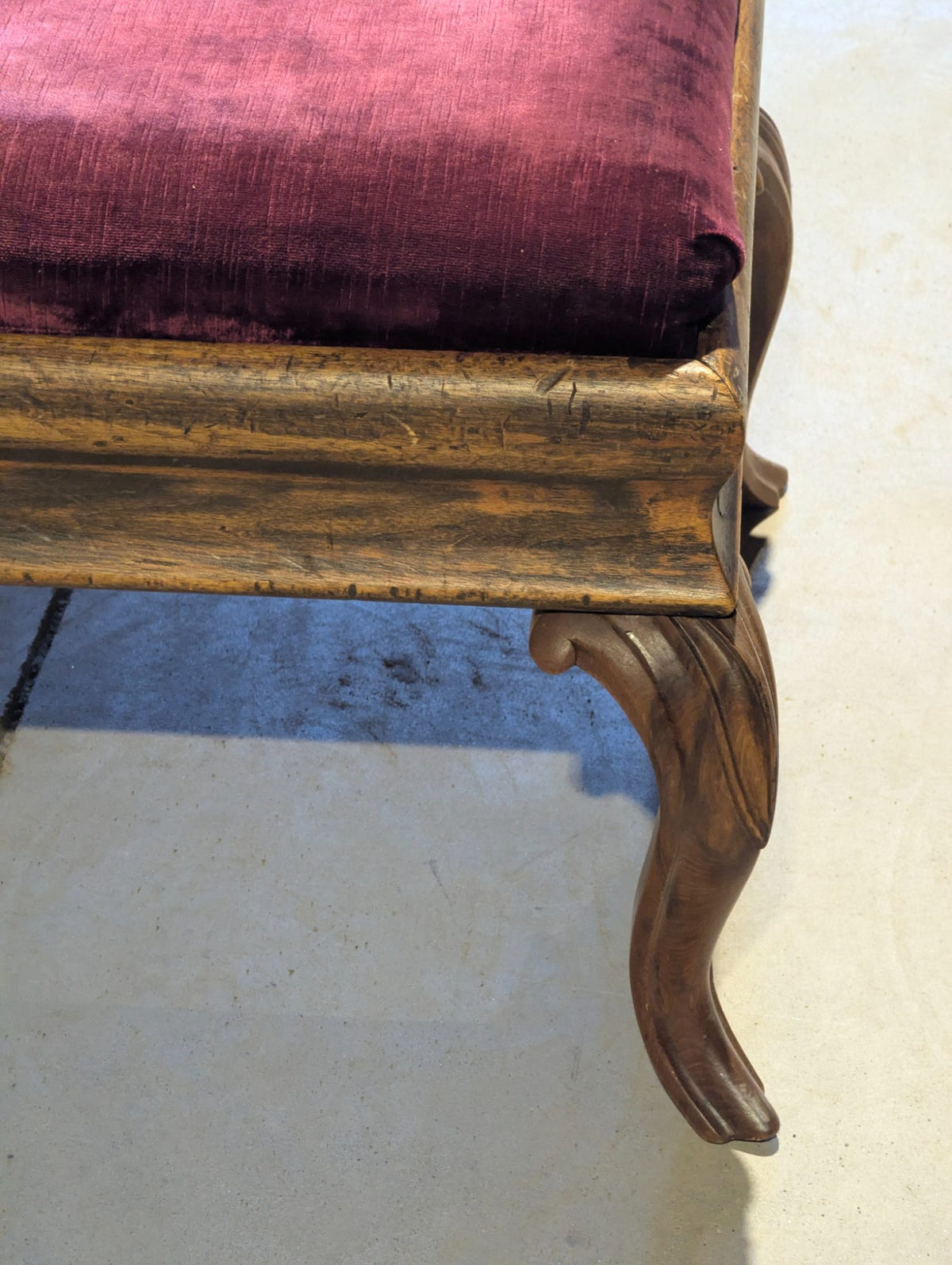 Antique Wood Ottoman Footstool Velvet Cushion 18" x 16" x 17" H
