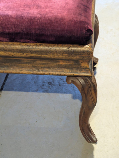 Antique Wood Ottoman Footstool Velvet Cushion 18" x 16" x 17" H