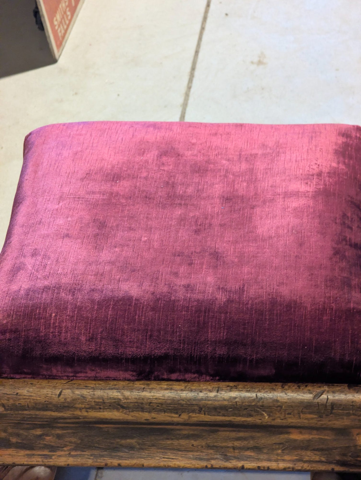 Antique Wood Ottoman Footstool Velvet Cushion 18" x 16" x 17" H