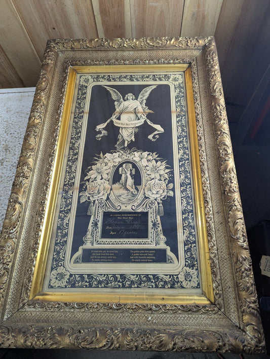 1897 Victorian Mourning and Memorial Lithograph in Ornate Gilt Wood Frame 21.5" x 34"