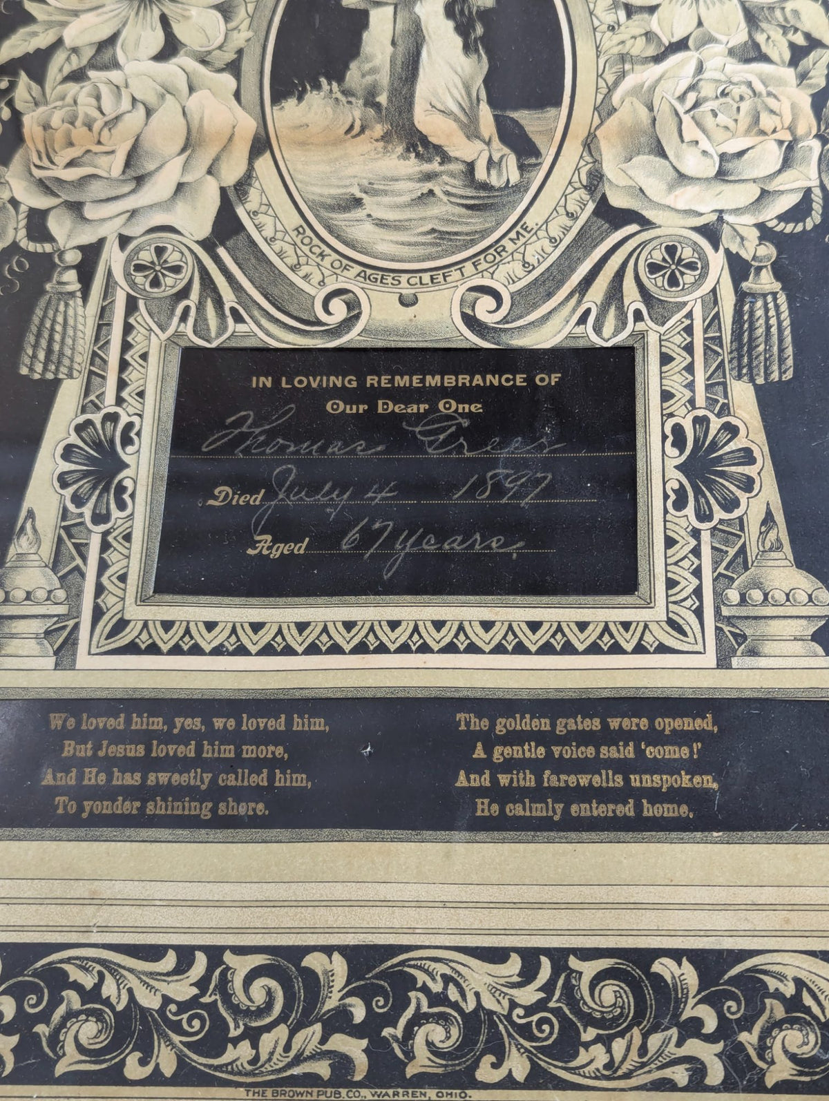 1897 Victorian Mourning and Memorial Lithograph in Ornate Gilt Wood Frame 21.5" x 34"