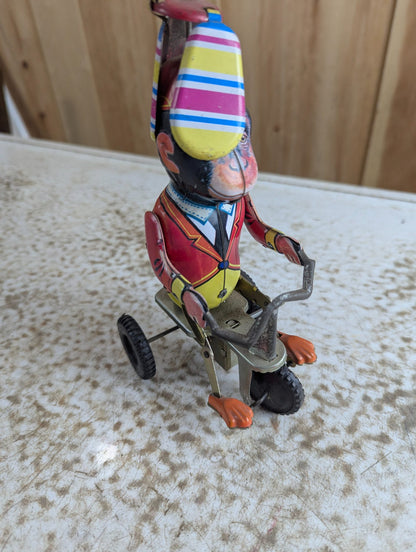 Vintage Style Wind-up Monkey on Tricycle Tin Litho Toy - Damaged, Working
