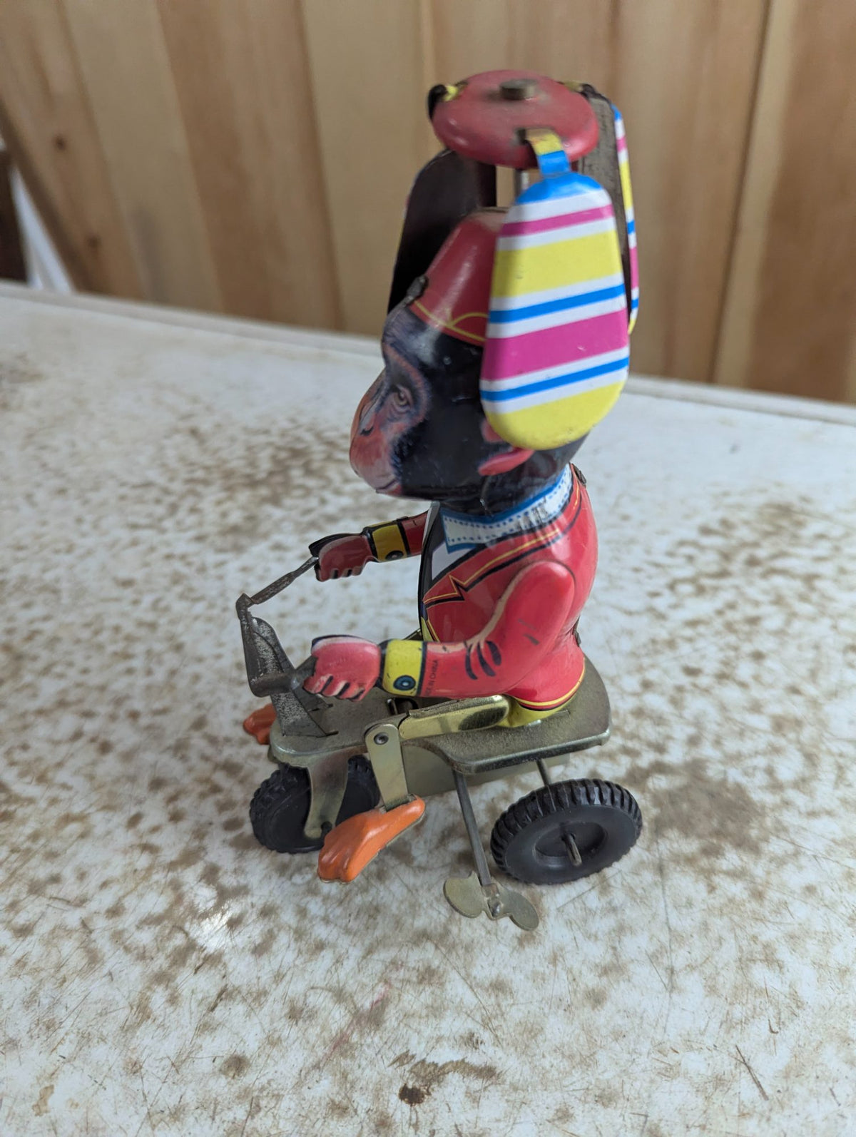 Vintage Style Wind-up Monkey on Tricycle Tin Litho Toy - Damaged, Working
