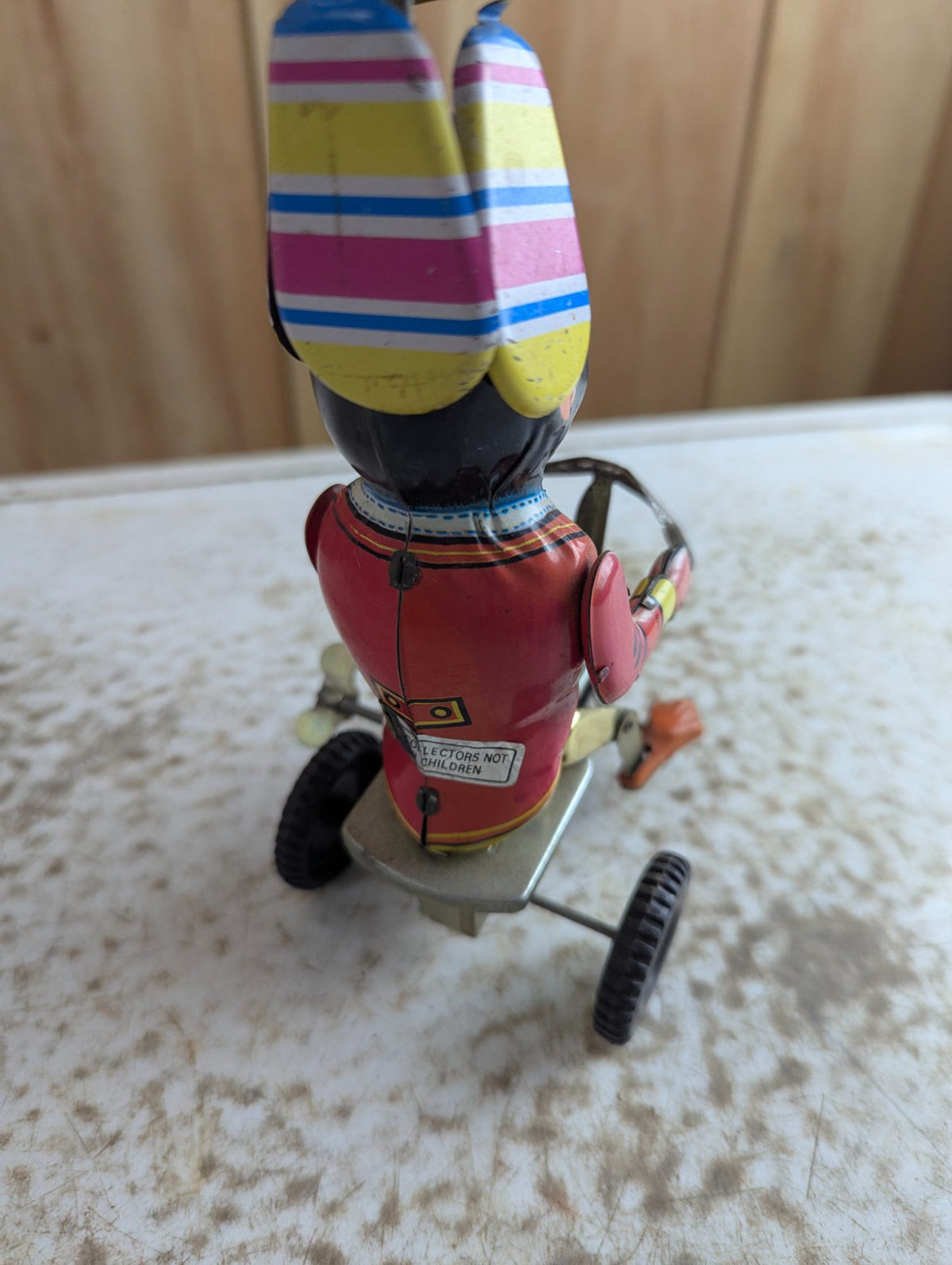 Vintage Style Wind-up Monkey on Tricycle Tin Litho Toy - Damaged, Working