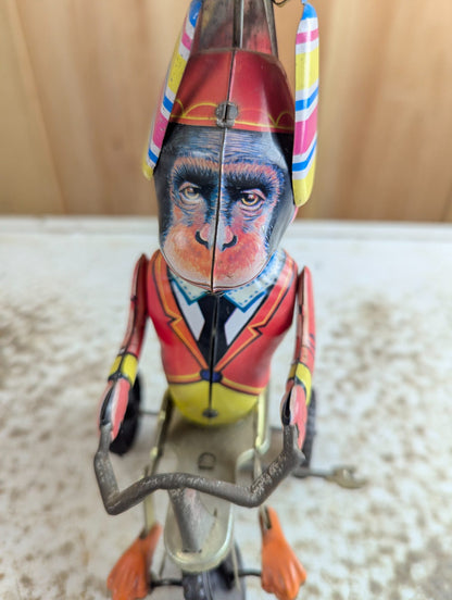 Vintage Style Wind-up Monkey on Tricycle Tin Litho Toy - Damaged, Working