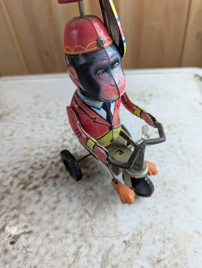 Vintage Style Wind-up Monkey on Tricycle Tin Litho Toy - Missing Prop Blades, Working