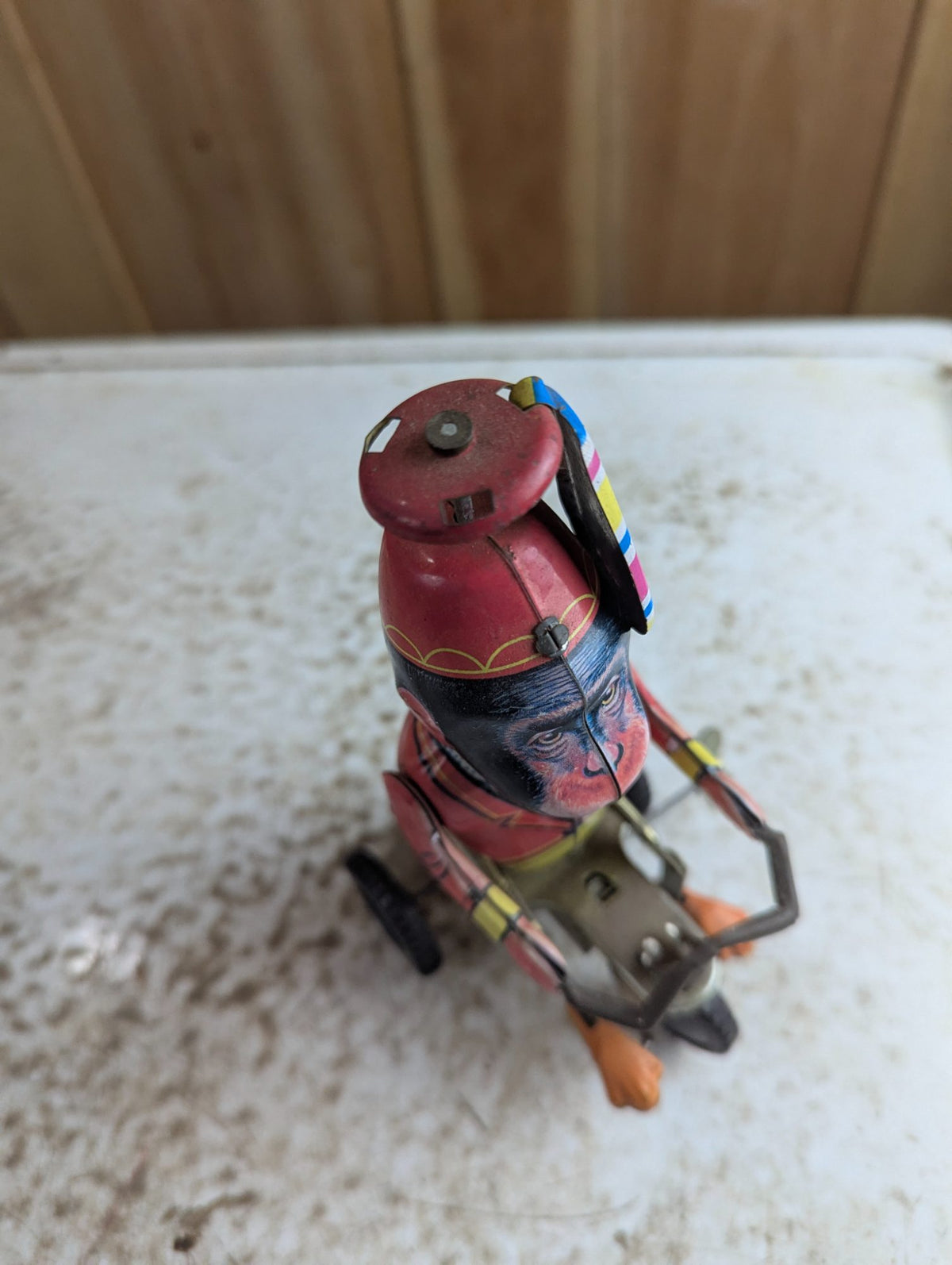 Vintage Style Wind-up Monkey on Tricycle Tin Litho Toy - Missing Prop Blades, Working