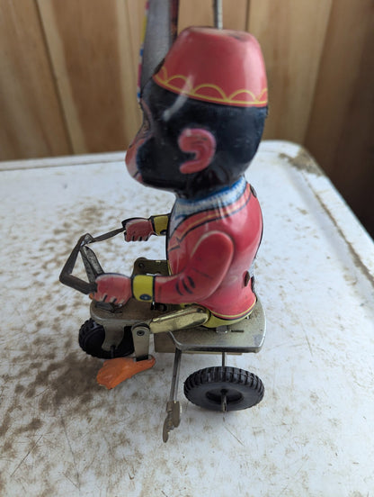 Vintage Style Wind-up Monkey on Tricycle Tin Litho Toy - Missing Prop Blades, Working