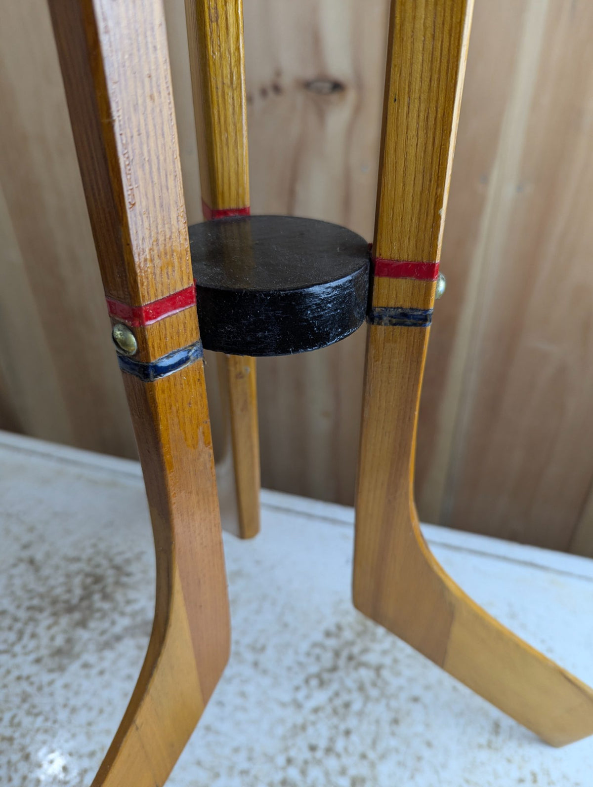 Vintage Handmade Wooden Hockey Themed Ashtray Stand 24" Tall