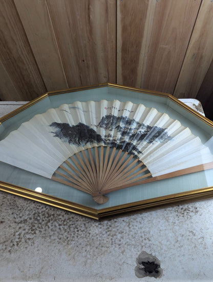 Chinese Printed Fan by Qian Songyan 'Red Cliffs' In Shadowbox 33.5" x 8"