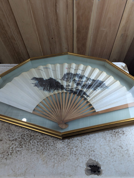 Chinese Printed Fan by Qian Songyan 'Red Cliffs' In Shadowbox 33.5" x 8"