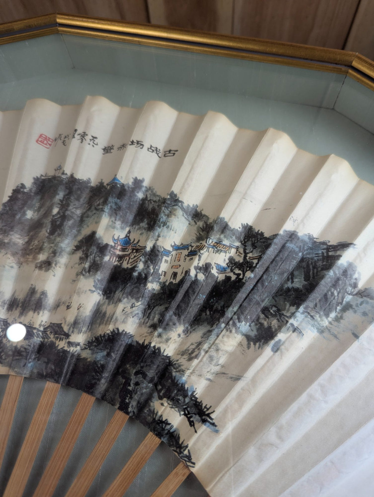 Chinese Printed Fan by Qian Songyan 'Red Cliffs' In Shadowbox 33.5" x 8"