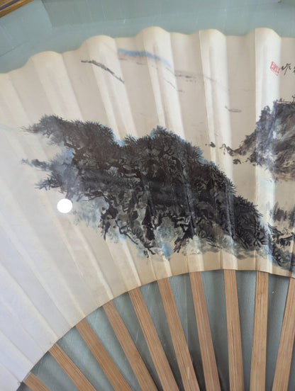 Chinese Printed Fan by Qian Songyan 'Red Cliffs' In Shadowbox 33.5" x 8"