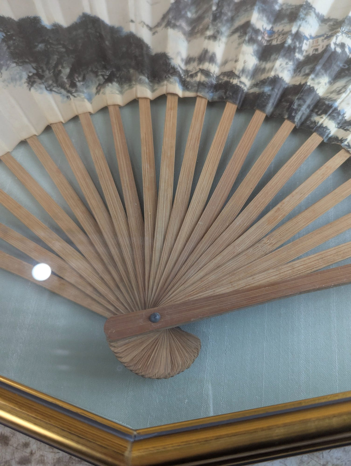 Chinese Printed Fan by Qian Songyan 'Red Cliffs' In Shadowbox 33.5" x 8"