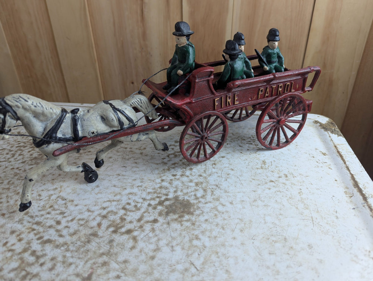Vintage Cast Iron Horse-Drawn "Fire Patrol" Wagon Toy with 4 Figures