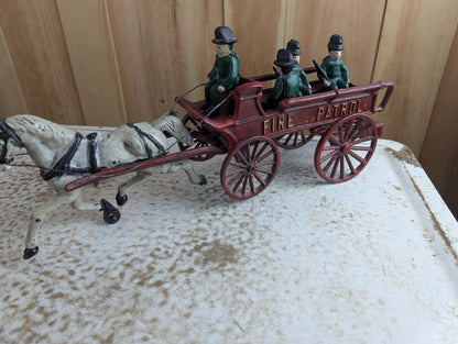 Vintage Cast Iron Horse-Drawn "Fire Patrol" Wagon Toy with 4 Figures