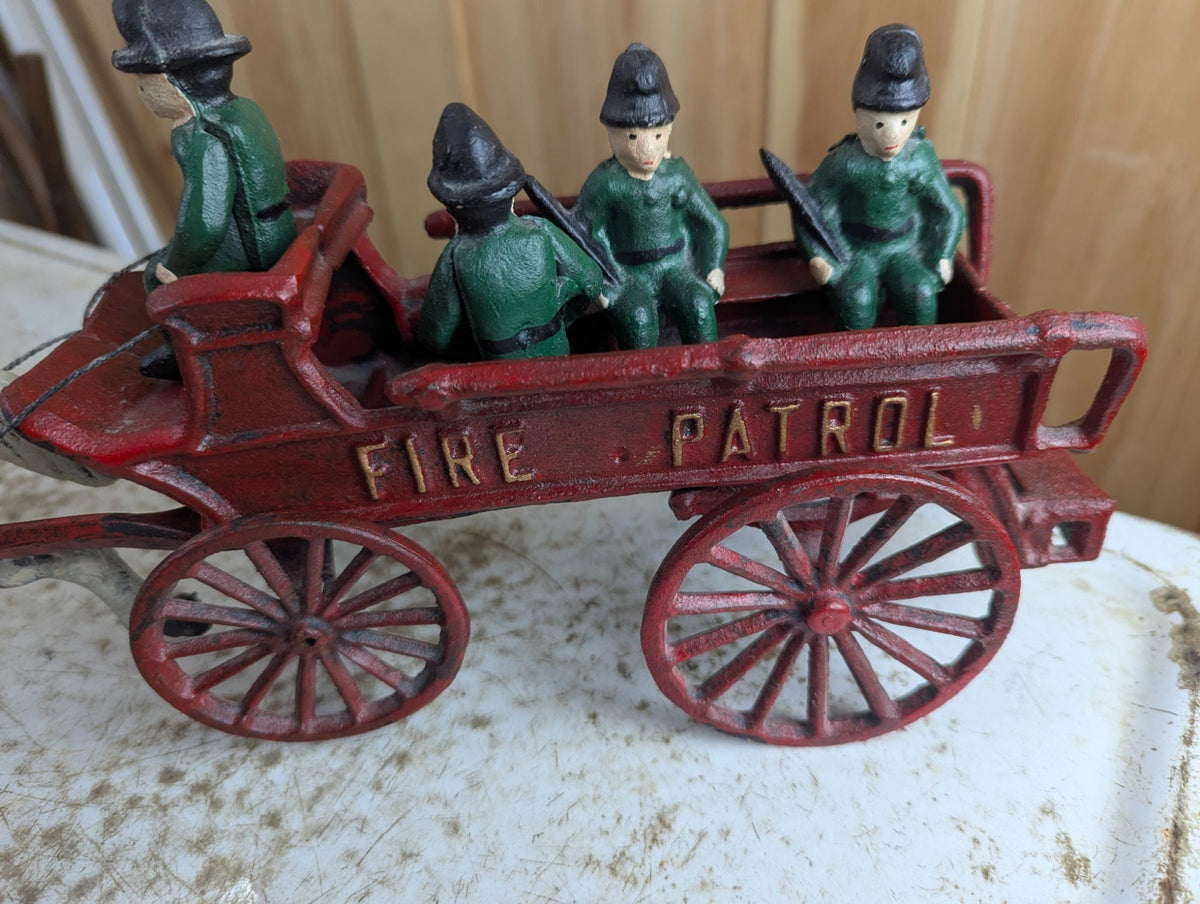 Vintage Cast Iron Horse-Drawn "Fire Patrol" Wagon Toy with 4 Figures