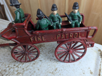 Vintage Cast Iron Horse-Drawn "Fire Patrol" Wagon Toy with 4 Figures