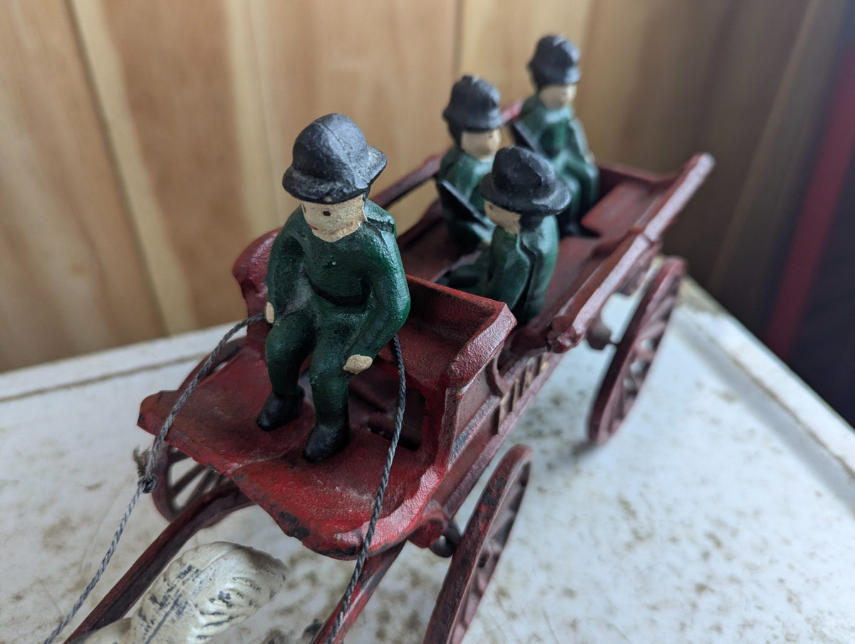 Vintage Cast Iron Horse-Drawn "Fire Patrol" Wagon Toy with 4 Figures