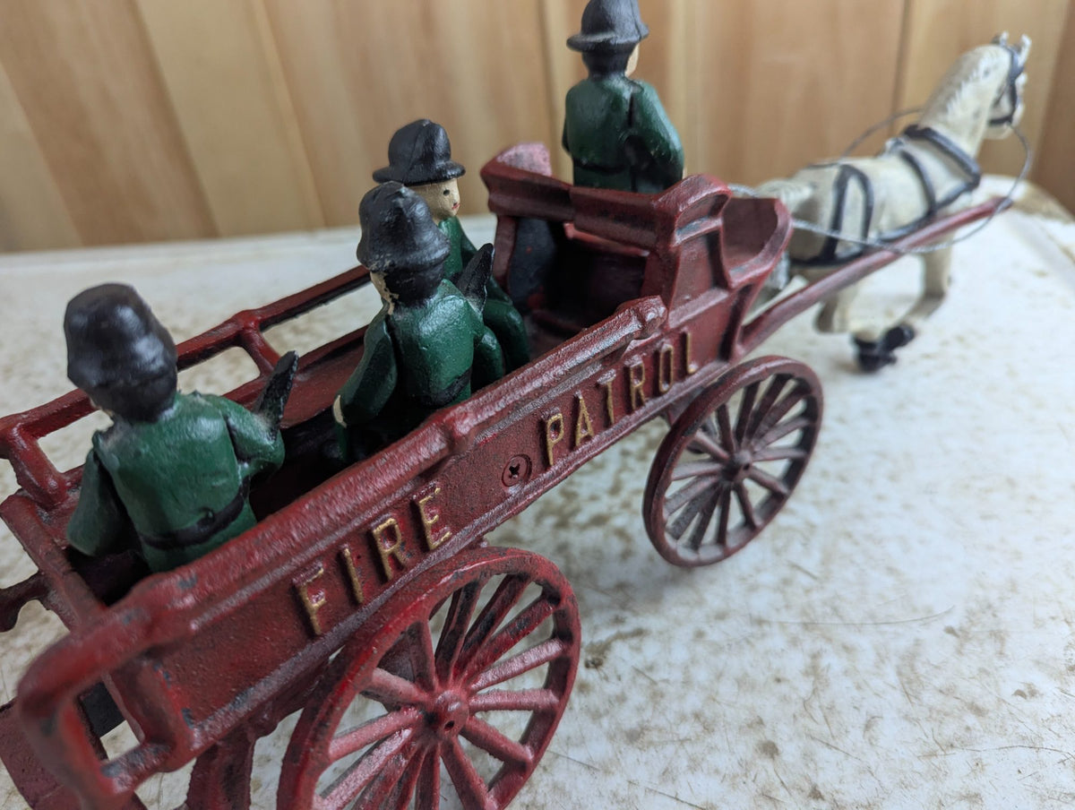 Vintage Cast Iron Horse-Drawn "Fire Patrol" Wagon Toy with 4 Figures